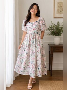 Eyelet cotton fabric Floral Puff Sleeve Maxi Dress